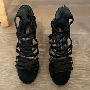 Schutz Suede Laser Cut Out Sandals Size 8.5 4” Heels